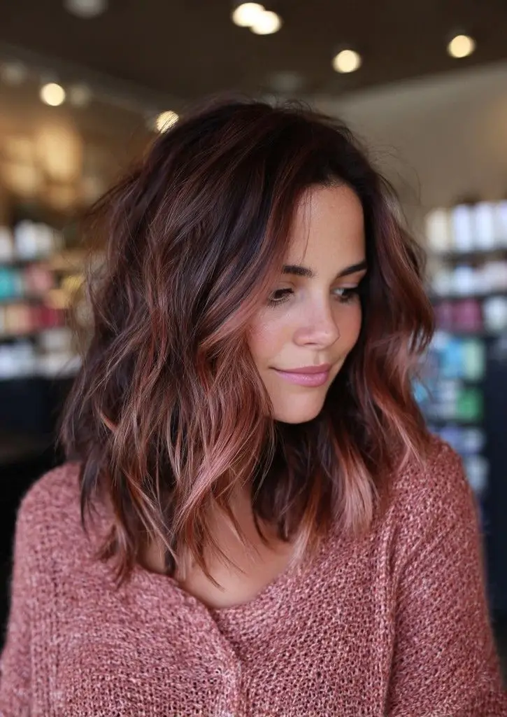 meisje met gekleurd bruin haar met bordeaux balayage